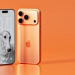Two rose gold iphones on an orange background