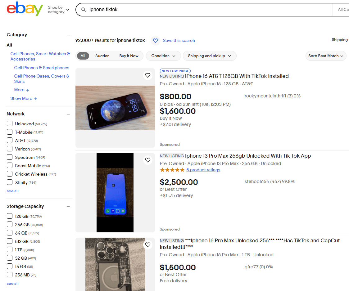 iPhone TikTok Sales on Ebay