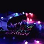 A close up of a camera with a lot of lights around it